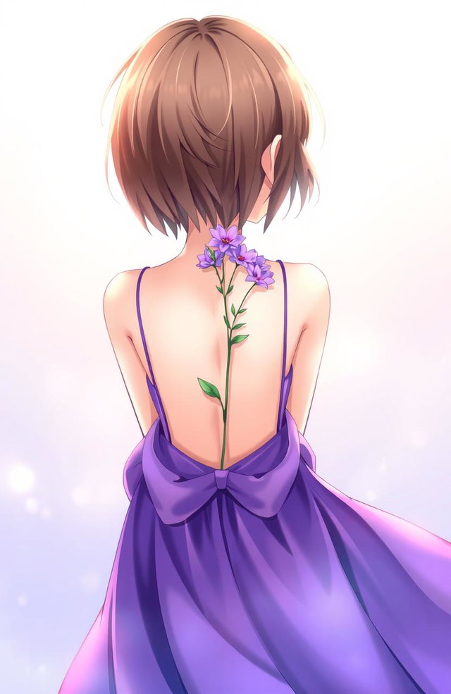 A girl holding a delicate purple flower behind her back, wearing a flowing purple dress that cascades down her form, showcasing her short brown hair that gently catches the light