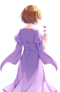 A girl holding a delicate purple flower behind her back, wearing a flowing purple dress that cascades down her form, showcasing her short brown hair that gently catches the light