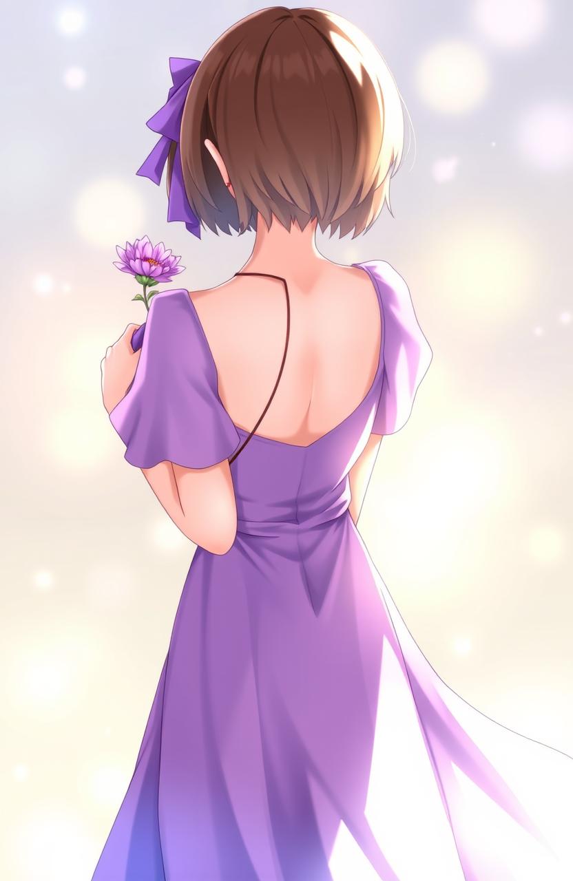 A girl holding a delicate purple flower behind her back, wearing a flowing purple dress that cascades down her form, showcasing her short brown hair that gently catches the light
