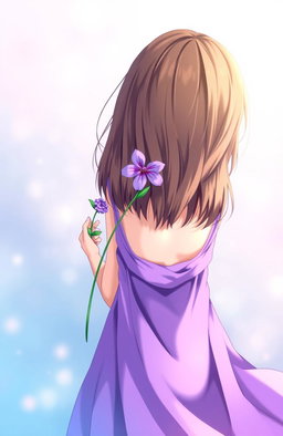 A girl holding a delicate purple flower behind her back, wearing a flowing purple dress that cascades down her form, showcasing her short brown hair that gently catches the light