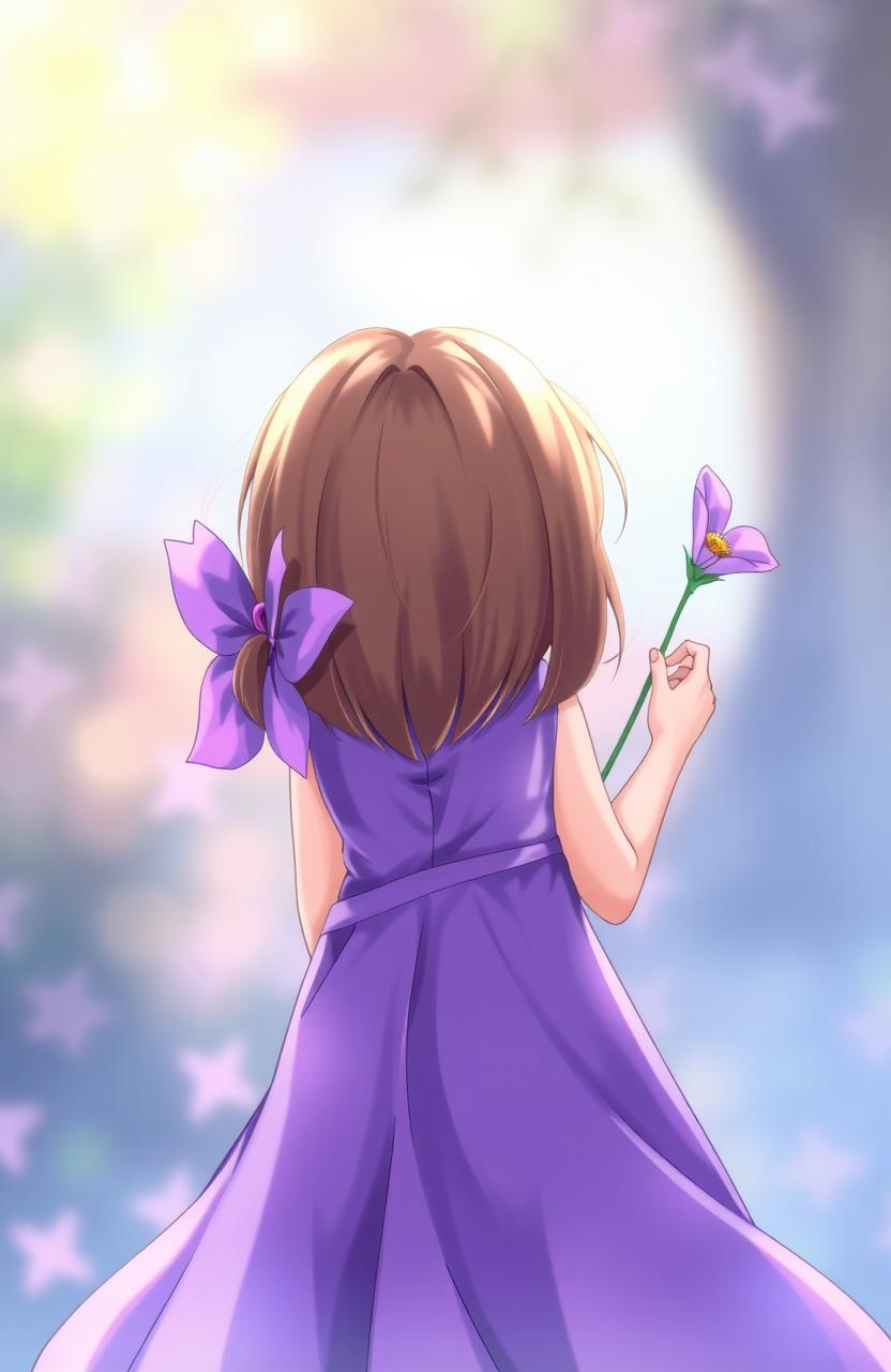 A young girl with short brown hair wearing a flowing purple dress, holding a delicate purple flower behind her back