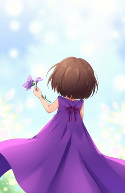 A young girl with short brown hair wearing a flowing purple dress, holding a delicate purple flower behind her back