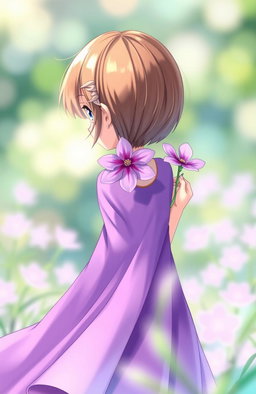 A young girl with short brown hair wearing a flowing purple dress, holding a delicate purple flower behind her back