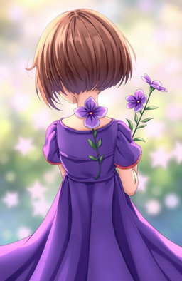 A young girl with short brown hair wearing a flowing purple dress, holding a delicate purple flower behind her back