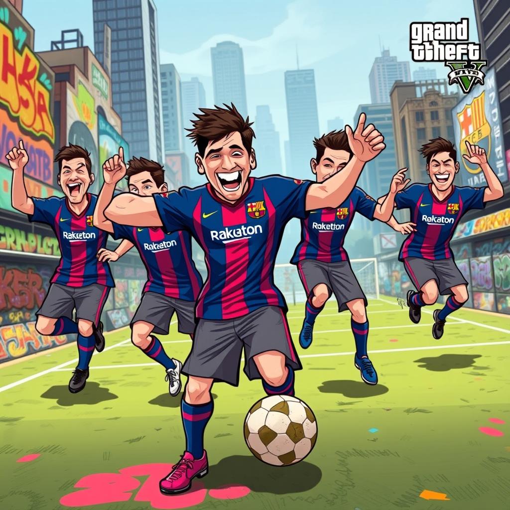 An energetic illustration of the FC Barcelona soccer team depicted in the style of Grand Theft Auto V, featuring players in exaggerated, cartoonish designs