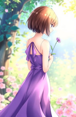 An anime-style illustration featuring a girl standing with her back to the viewer, holding a delicate purple flower behind her back