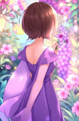 An anime-style illustration featuring a girl standing with her back to the viewer, holding a delicate purple flower behind her back