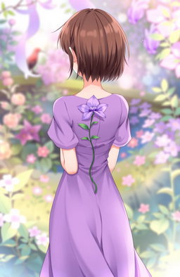 An anime-style illustration featuring a girl standing with her back to the viewer, holding a delicate purple flower behind her back