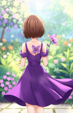 An anime-style illustration featuring a girl standing with her back to the viewer, holding a delicate purple flower behind her back
