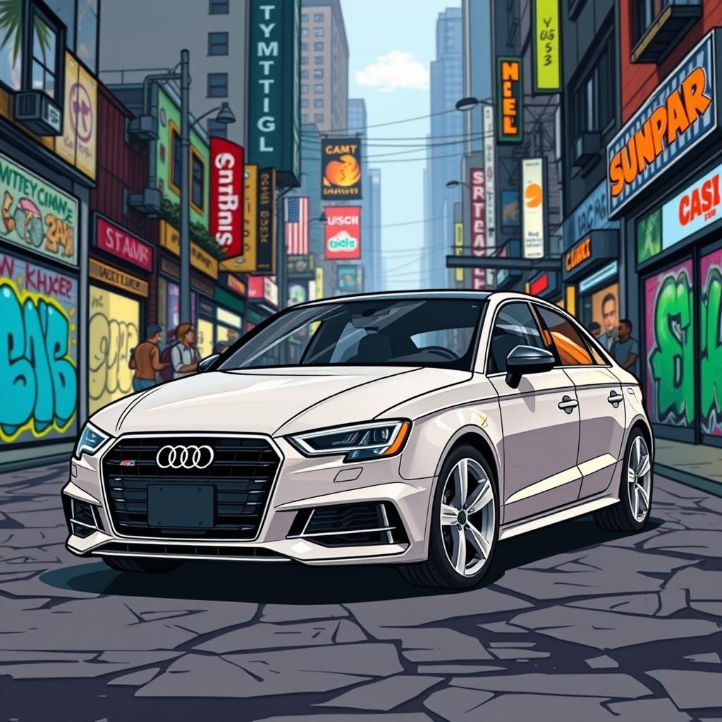 An illustration of an Audi A3 depicted in the style of Grand Theft Auto V, showcasing its sleek lines and modern aesthetics with vibrant, cartoonish details