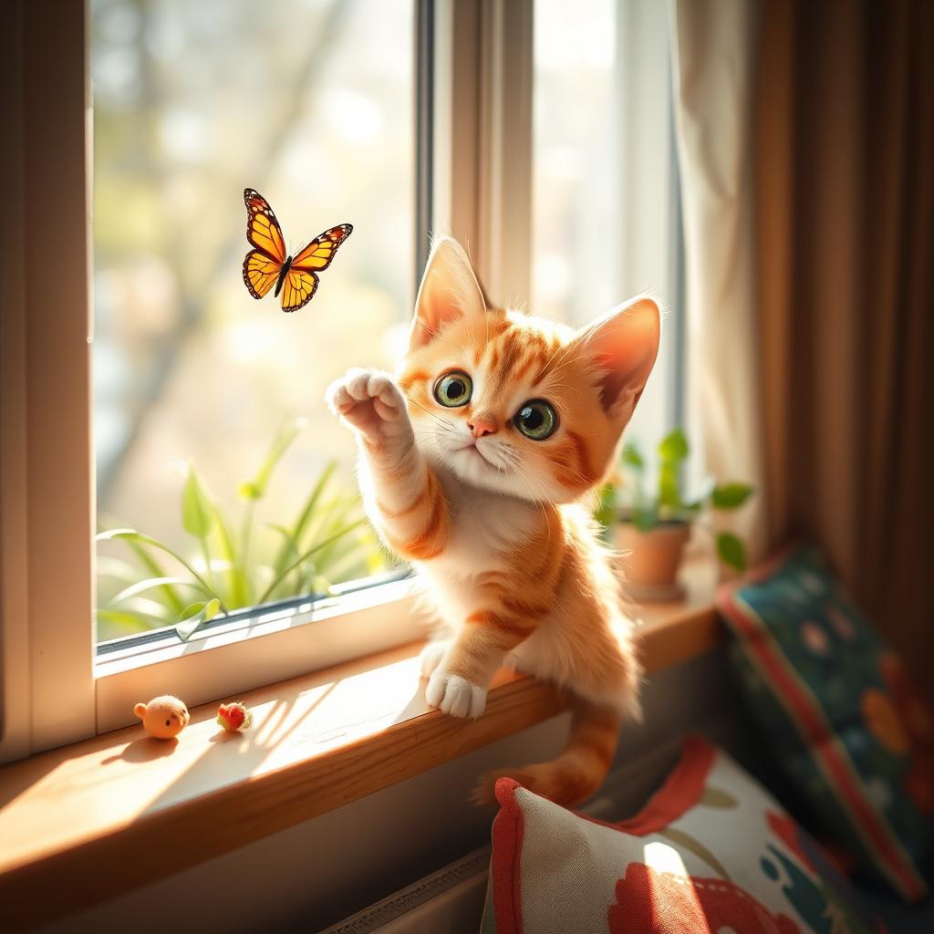 A playful cat, sitting on a sunny windowsill, its fur is a lovely mix of orange and white, with big, curious green eyes