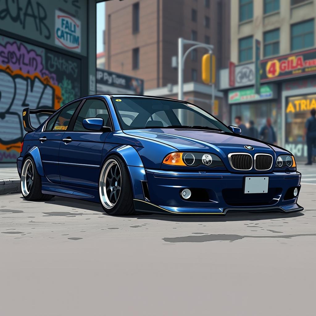 An illustration of a customized dark blue BMW E46 depicted in the style of Grand Theft Auto V