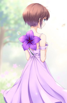 An anime-style illustration featuring a girl standing with her back to the viewer, holding a vibrant purple flower behind her back