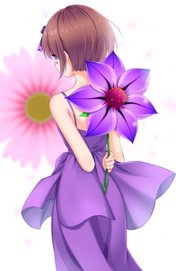 An anime-style illustration featuring a girl standing with her back to the viewer, holding a vibrant purple flower behind her back