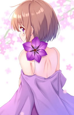 An anime-style illustration featuring a girl standing with her back to the viewer, holding a vibrant purple flower behind her back