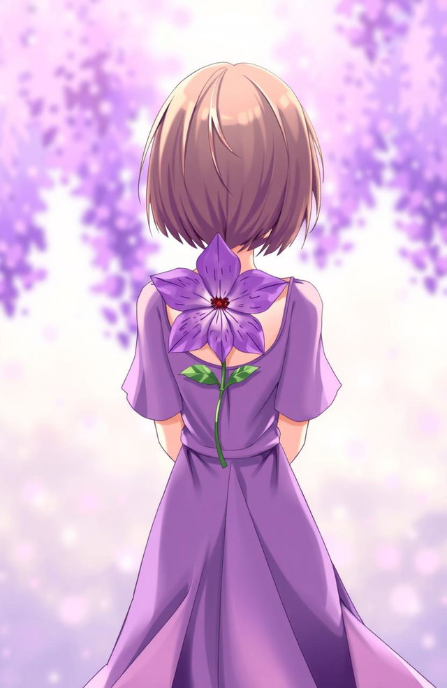 An anime-style illustration featuring a girl standing with her back to the viewer, holding a vibrant purple flower behind her back