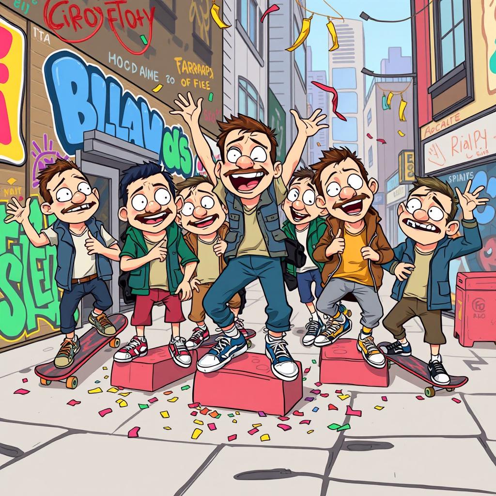 A humorous illustration of a squad of quirky 'billy' guys engaged in silly antics, depicted in a cartoonish style reminiscent of Grand Theft Auto V