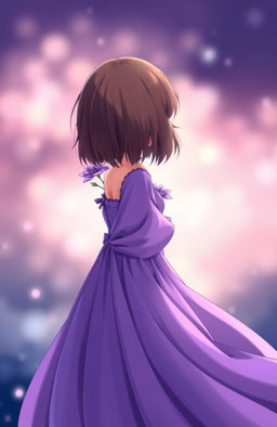 A girl with short brown hair, wearing a flowing purple dress, standing gracefully with her back towards the viewer