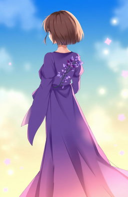 A girl with short brown hair, wearing a flowing purple dress, standing gracefully with her back towards the viewer