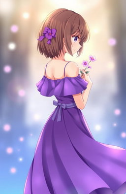 A girl with short brown hair, wearing a flowing purple dress, standing gracefully with her back towards the viewer