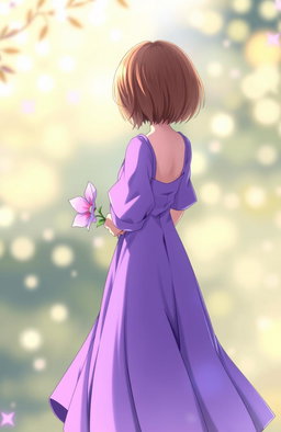 A girl with short brown hair, wearing a flowing purple dress, standing gracefully with her back towards the viewer