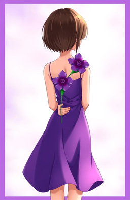 A girl standing with her back turned, holding a vibrant purple flower behind her back