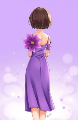 A girl standing with her back turned, holding a vibrant purple flower behind her back