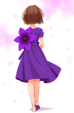 A girl standing with her back turned, holding a vibrant purple flower behind her back