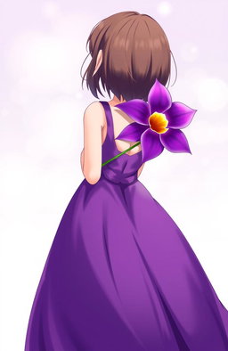 A girl standing with her back turned, holding a vibrant purple flower behind her back