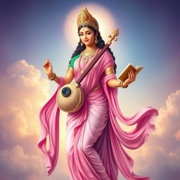 A full body depiction of Goddess Saraswati, the Hindu goddess of knowledge, music, and arts