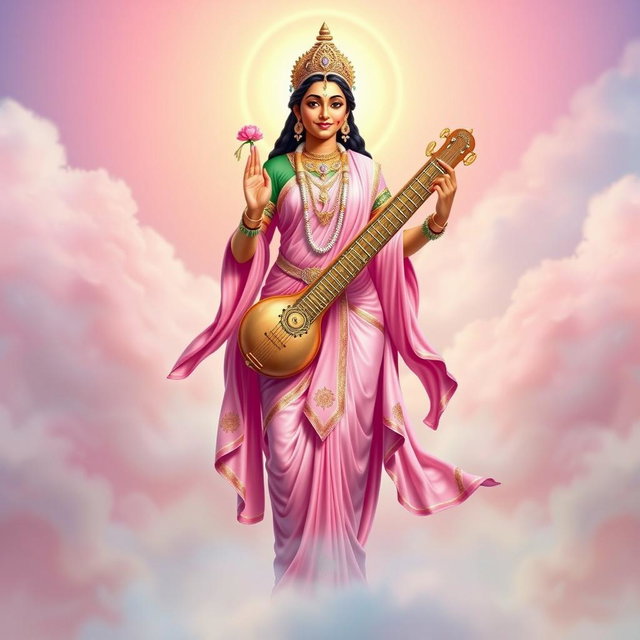 A full body depiction of Goddess Saraswati, the Hindu goddess of knowledge, music, and arts