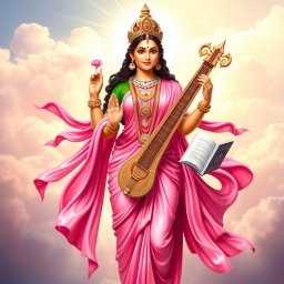 A full body depiction of Goddess Saraswati, the Hindu goddess of knowledge, music, and arts