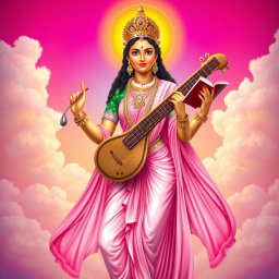 A full body depiction of Goddess Saraswati, the Hindu goddess of knowledge, music, and arts