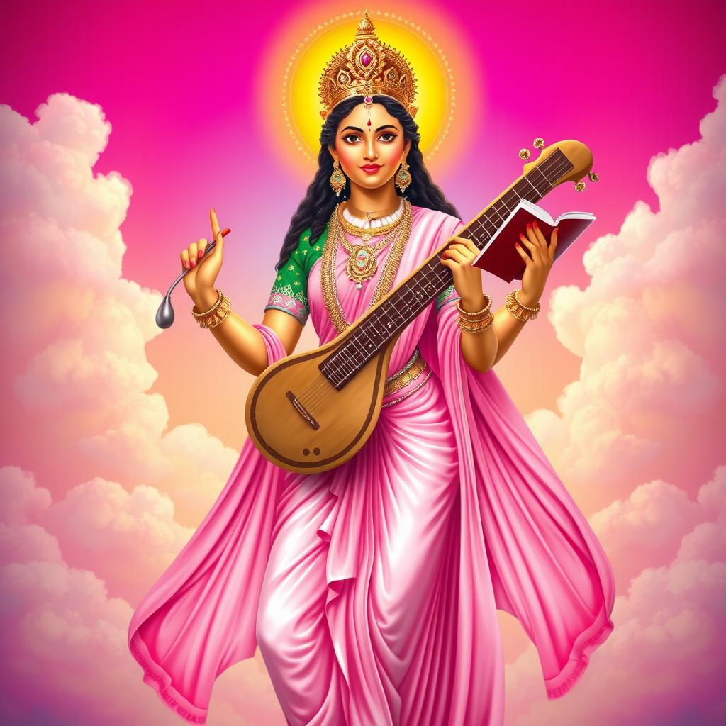 A full body depiction of Goddess Saraswati, the Hindu goddess of knowledge, music, and arts