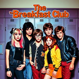 A vibrant movie poster in a retro 1980s style for a film titled "The Breakfast Club"