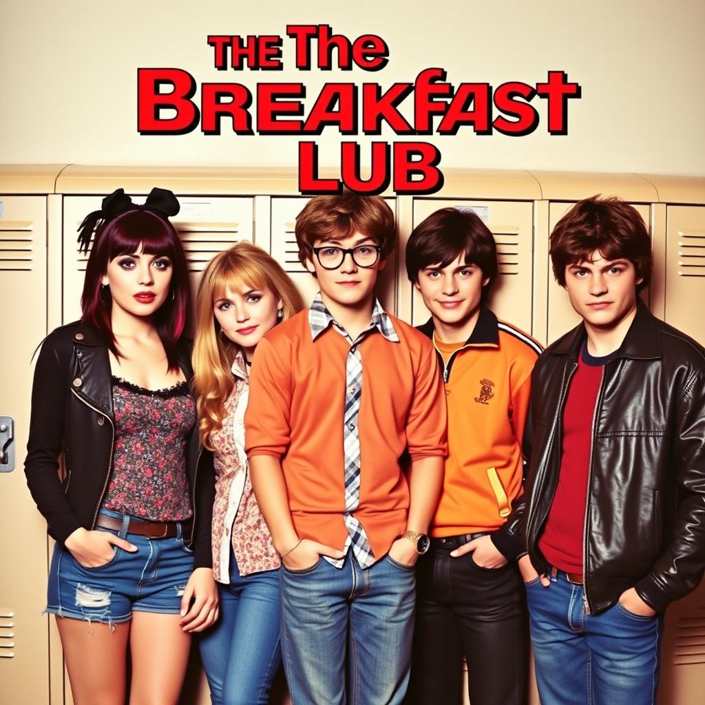 A vibrant movie poster in a retro 1980s style for a film titled "The Breakfast Club"