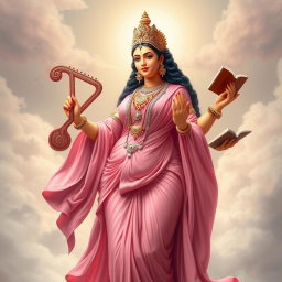 A full body depiction of Goddess Saraswati, the Hindu goddess of knowledge, music, and arts