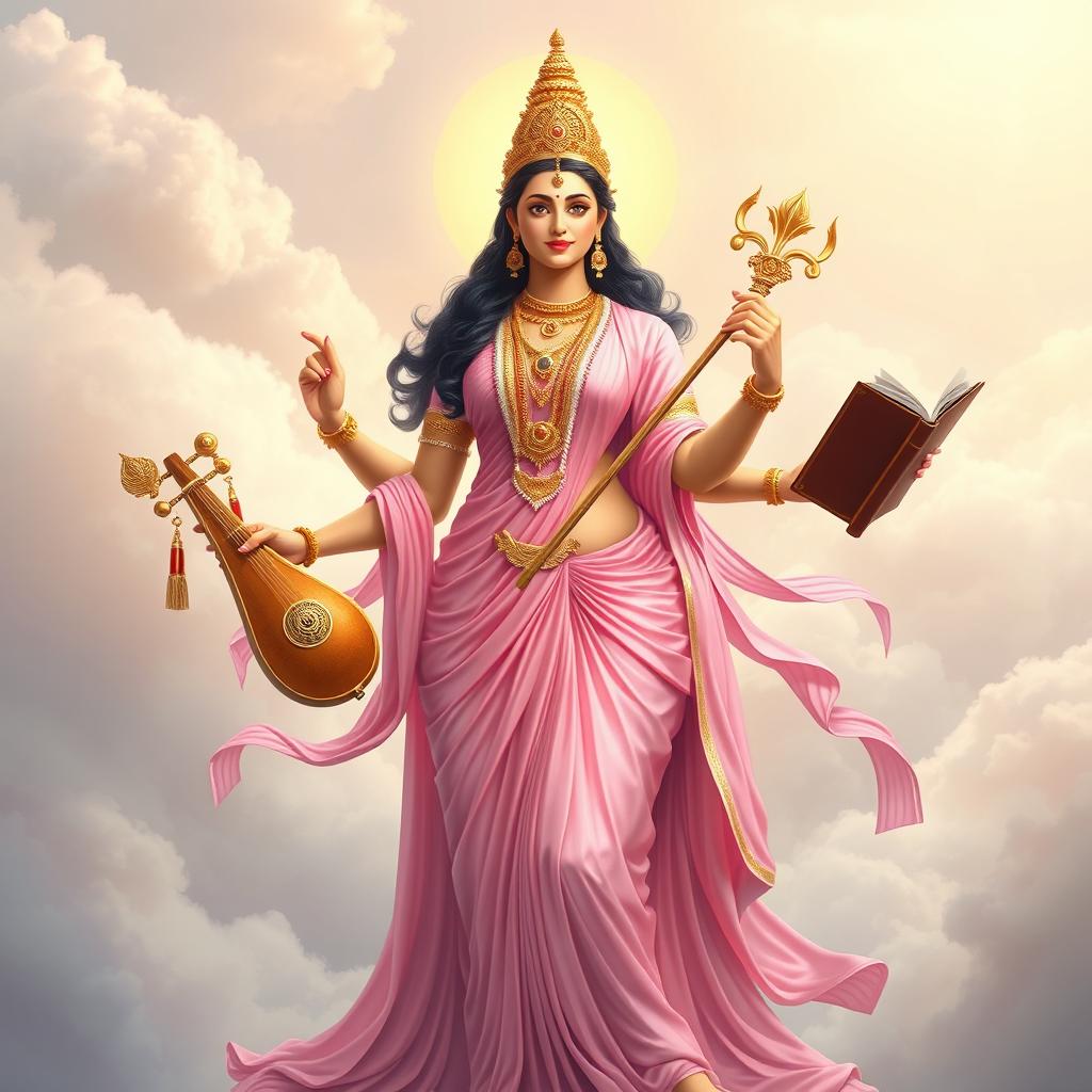 A full body depiction of Goddess Saraswati, the Hindu goddess of knowledge, music, and arts