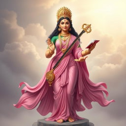 A full body depiction of Goddess Saraswati, the Hindu goddess of knowledge, music, and arts