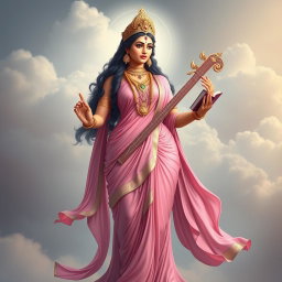 A full body depiction of Goddess Saraswati, the Hindu goddess of knowledge, music, and arts