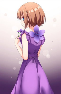 A girl with short brown hair wearing a beautiful purple dress, holding a delicate purple flower behind her back