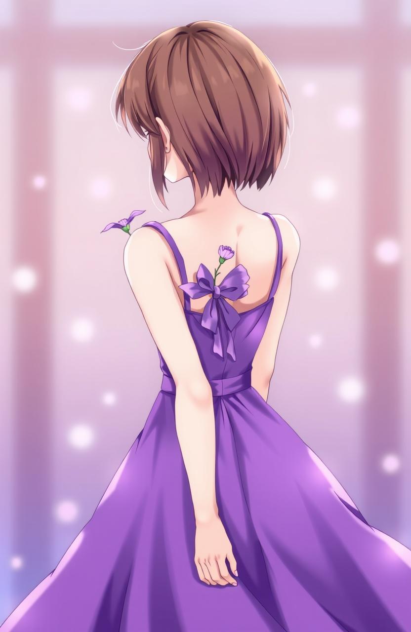 A girl with short brown hair wearing a beautiful purple dress, holding a delicate purple flower behind her back