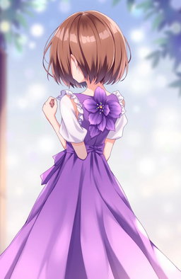 A girl with short brown hair wearing a beautiful purple dress, holding a delicate purple flower behind her back