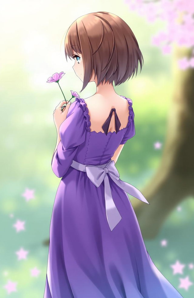 A girl with short brown hair wearing a beautiful purple dress, holding a delicate purple flower behind her back