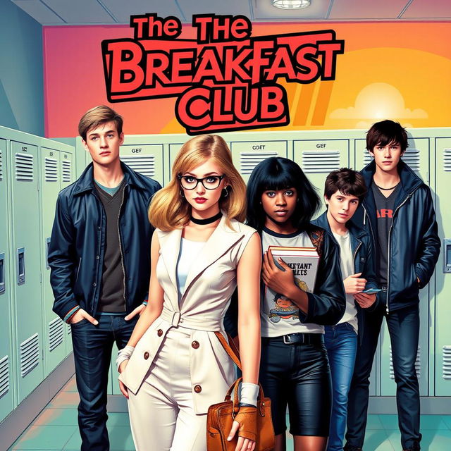 A dynamic movie poster inspired by the film "The Breakfast Club" featuring a diverse cast of characters