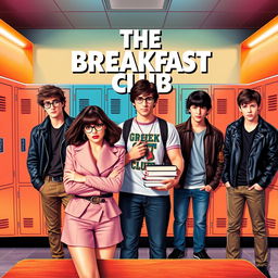 A dynamic movie poster inspired by the film "The Breakfast Club" featuring a diverse cast of characters