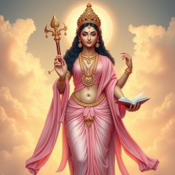 A full body depiction of Goddess Saraswati, the Hindu goddess of knowledge, music, and arts, showcasing her divine form