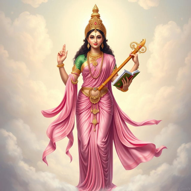 A full body depiction of Goddess Saraswati, the Hindu goddess of knowledge, music, and arts, showcasing her divine form