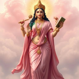 A full body depiction of Goddess Saraswati, the Hindu goddess of knowledge, music, and arts, showcasing her divine form