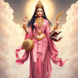 A full body depiction of Goddess Saraswati, the Hindu goddess of knowledge, music, and arts, showcasing her divine form